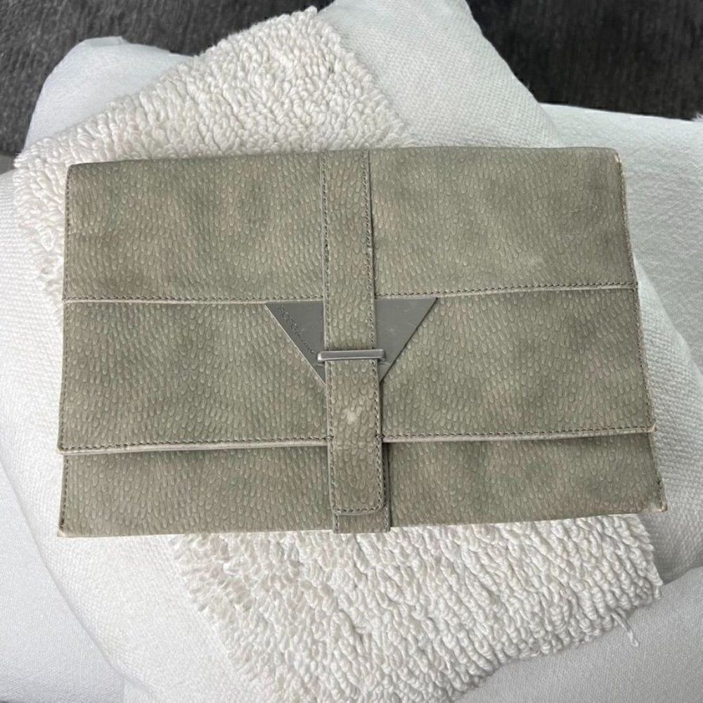 BCBGeneration Clutch Purse Pale Grey/Green Pebbled Faux Leather Fold over Bag